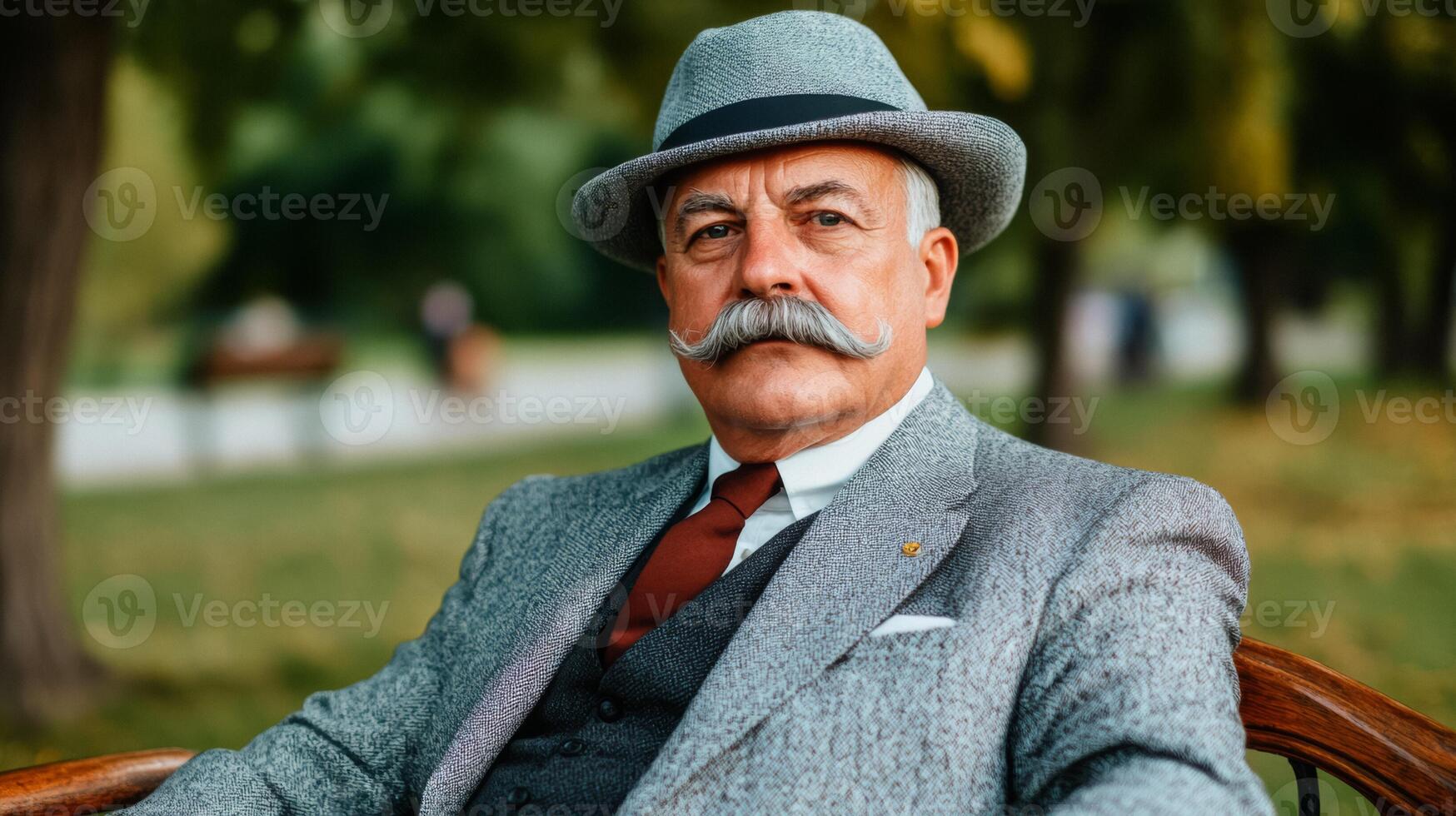 Elderly man with a long curled mustache dressed in vintage attire sitting on a park bench with a cane photo