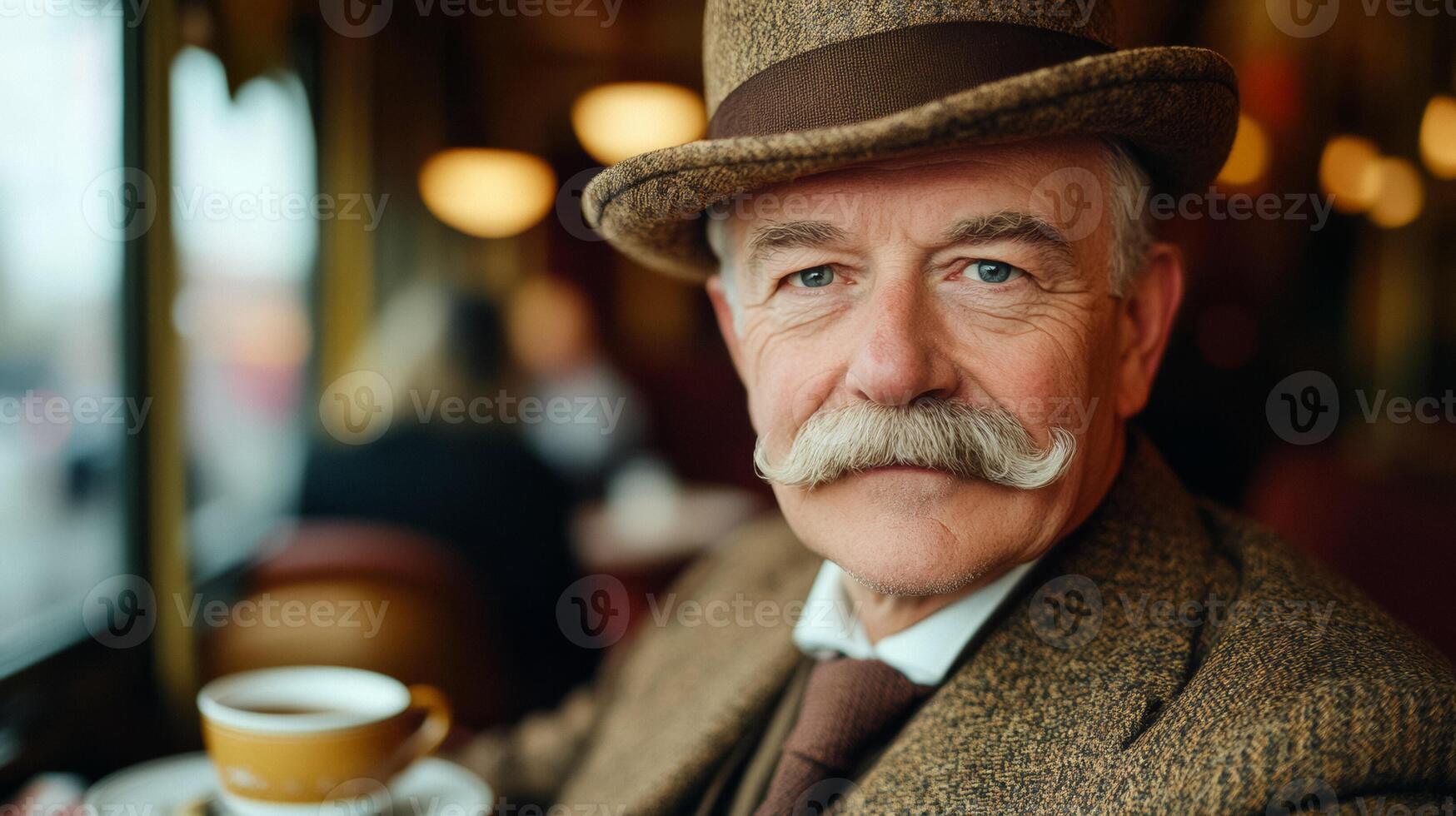 Elderly man with a bushy mustache and a bowler hat enjoying a cup of tea in a quaint vintage cafe photo