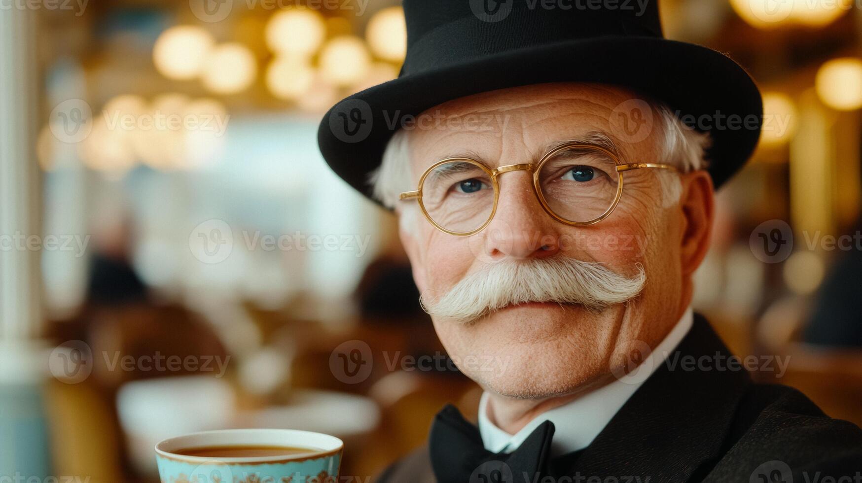 Elderly man with a bushy mustache and a bowler hat enjoying a cup of tea in a quaint vintage cafe photo