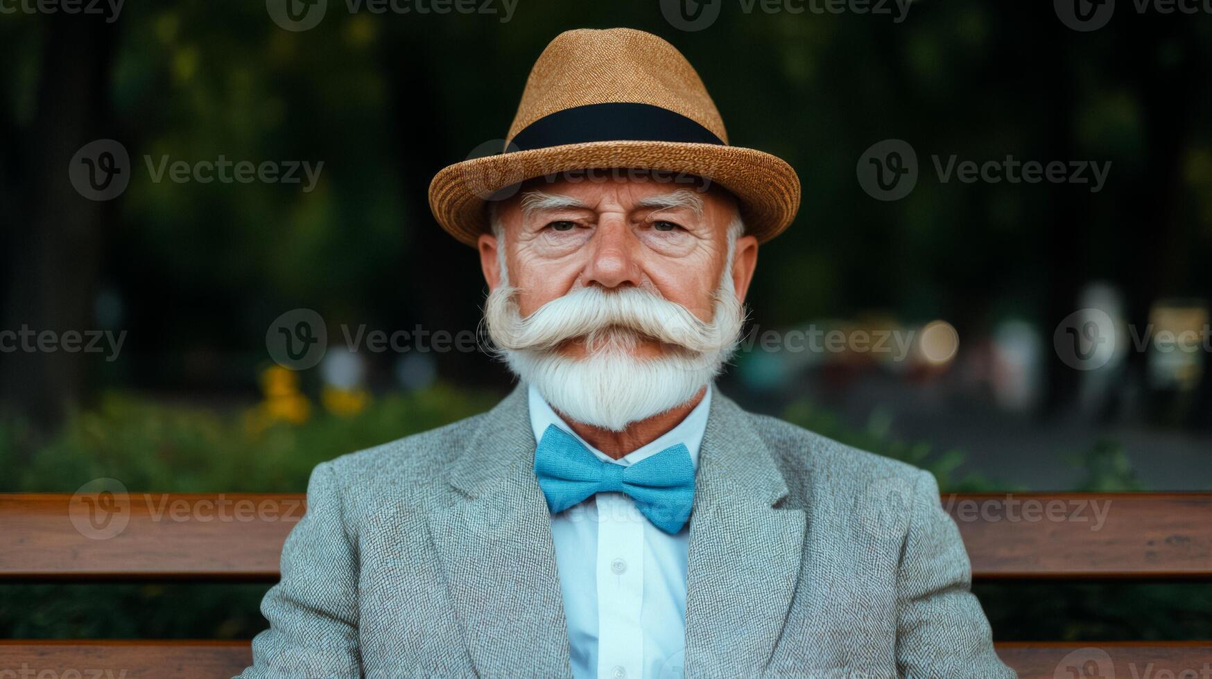 Elderly man with a long curled mustache dressed in vintage attire sitting on a park bench with a cane photo