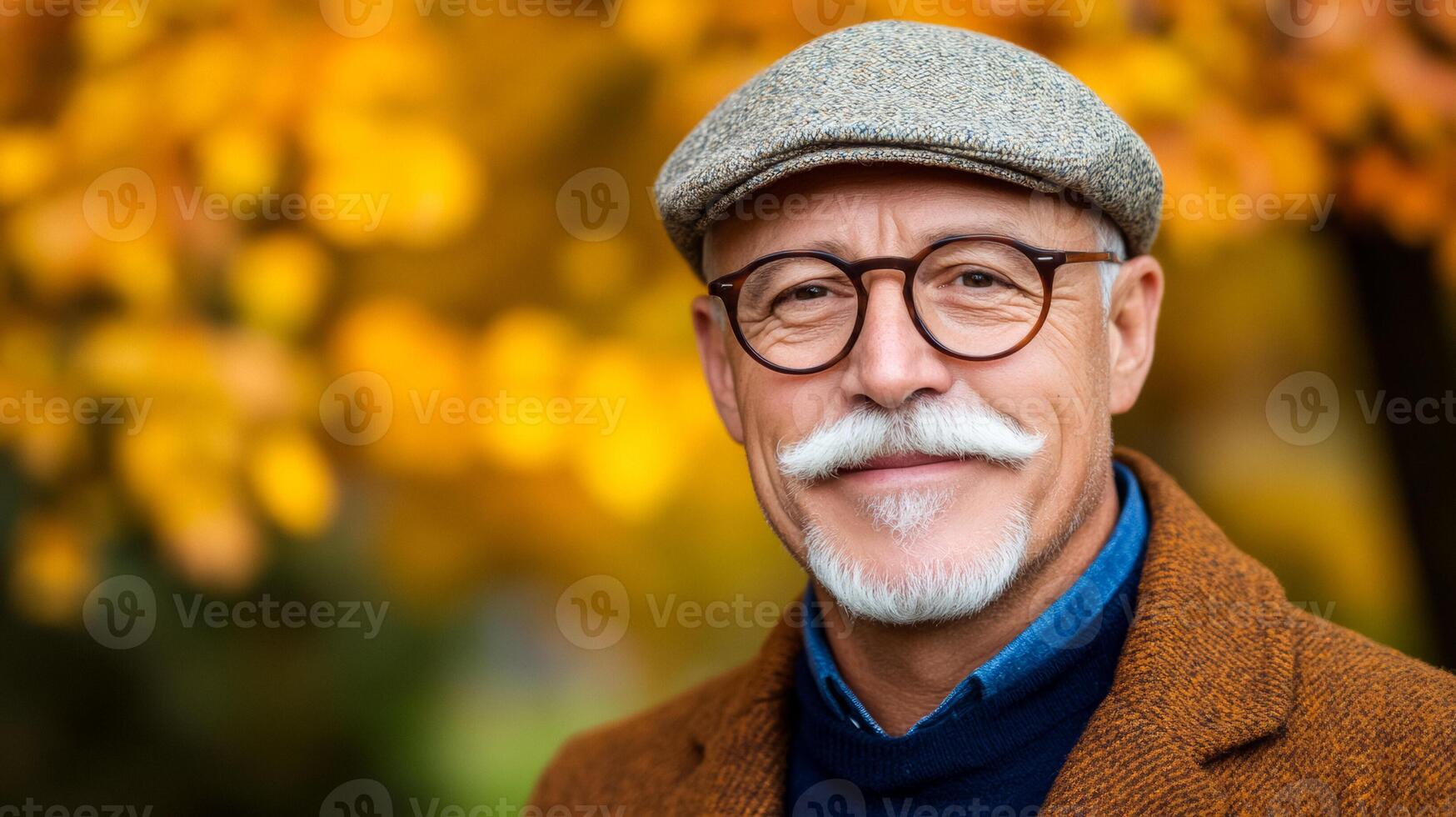 Elderly man with a thick white mustache smiling warmly wearing a flat cap and glasses autumn park background photo