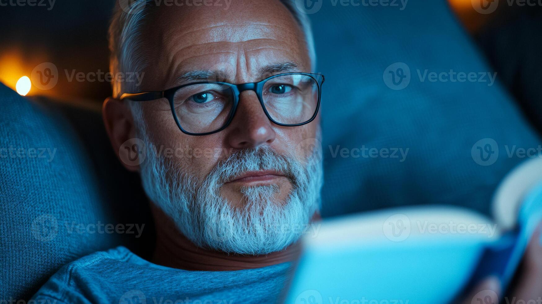 Elderly man with glasses reading a book on mental well being in a cozy corner with warm lighting photo