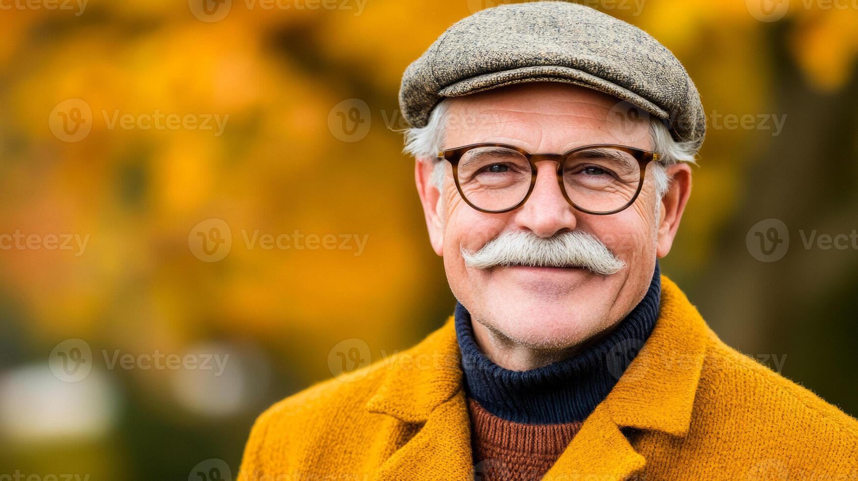 Elderly man with a thick white mustache smiling warmly wearing a flat cap and glasses autumn park background photo