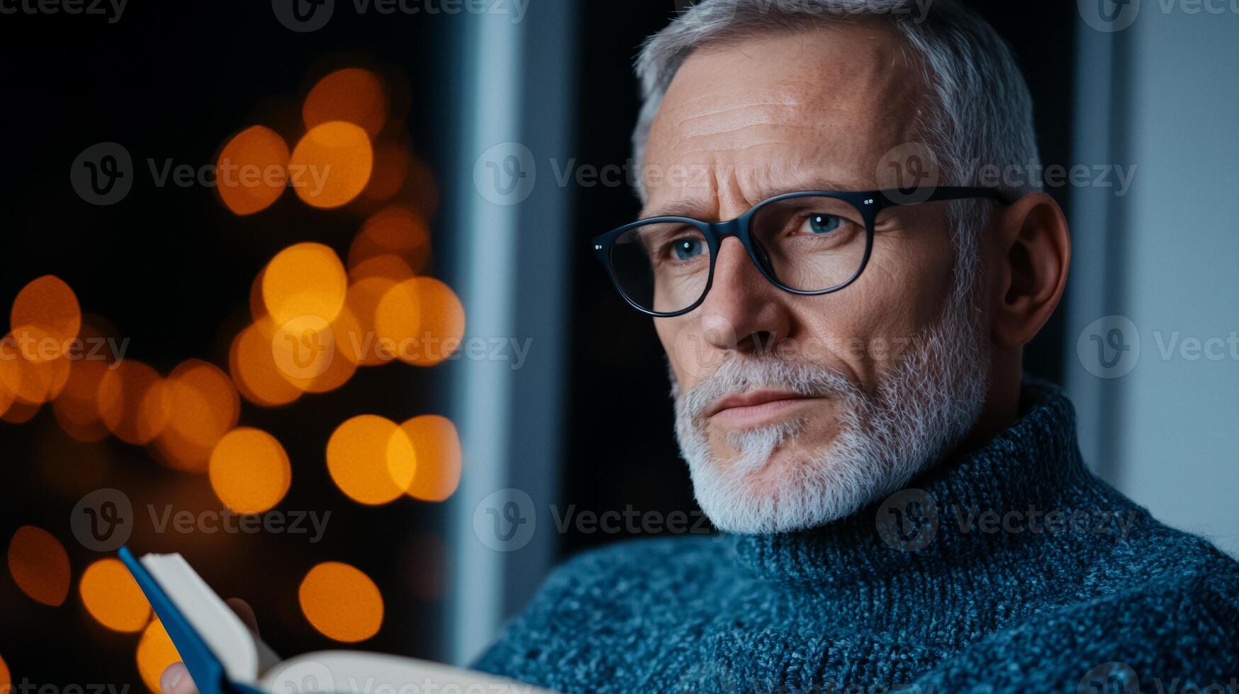 Elderly man with glasses reading a book on mental well being in a cozy corner with warm lighting photo