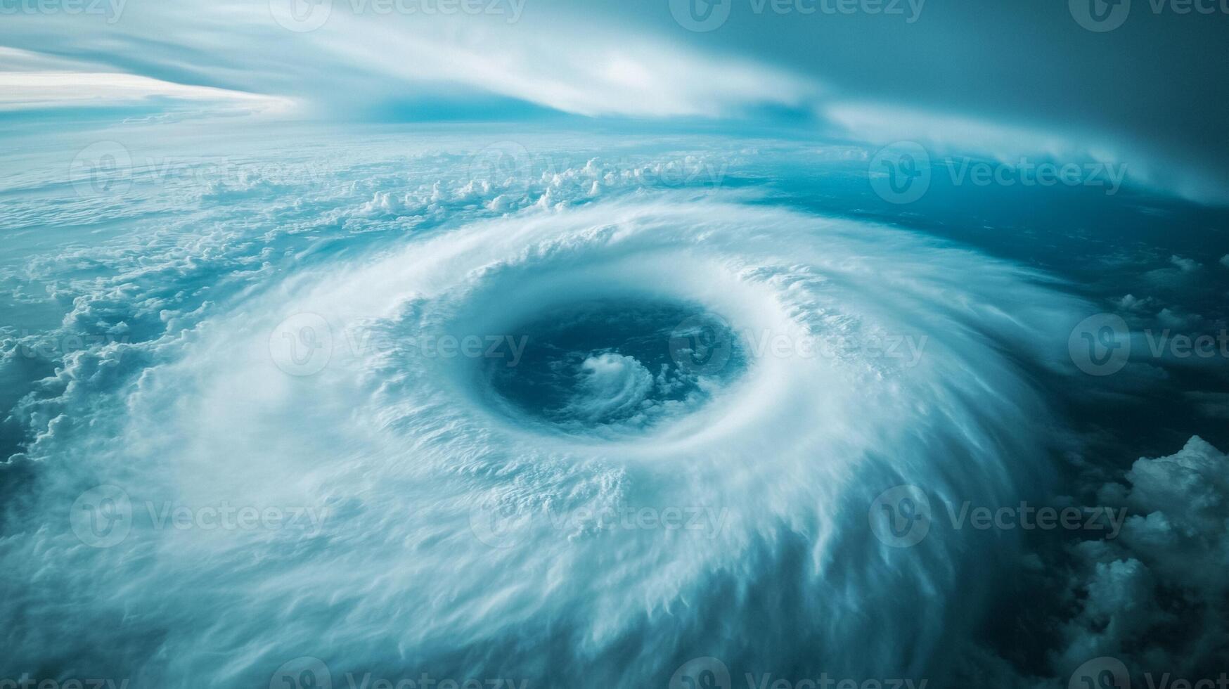 Enormous hurricane eye over the ocean seen from space perfectly circular with swirling white clouds photo