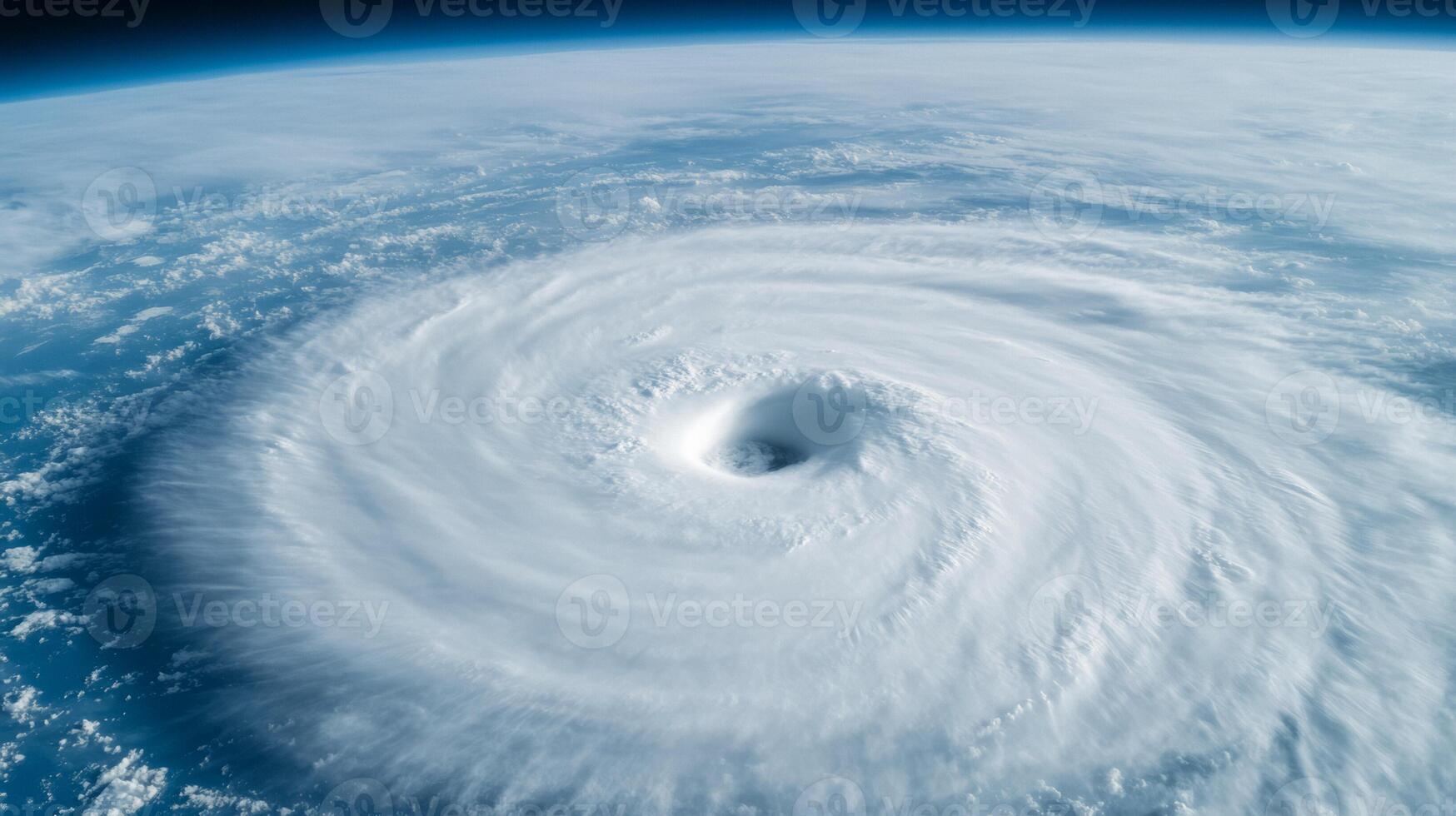 Enormous hurricane eye over the ocean seen from space perfectly circular with swirling white clouds photo
