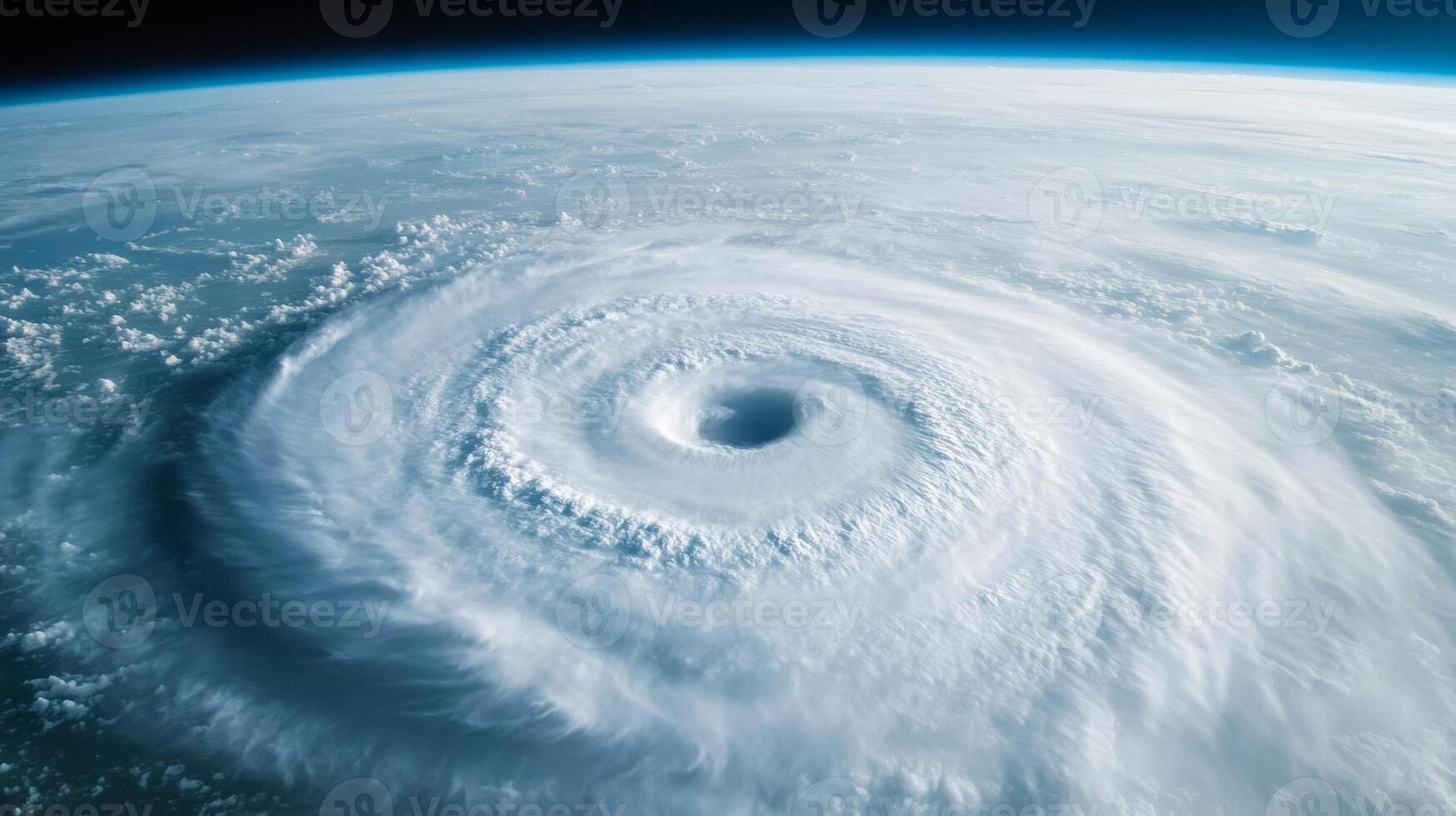 Enormous hurricane eye over the ocean seen from space perfectly circular with swirling white clouds photo