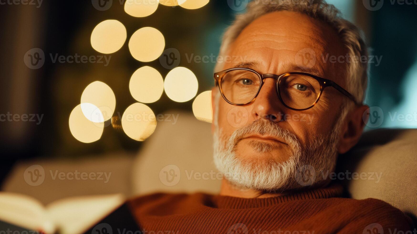 Elderly man with glasses reading a book on mental well being in a cozy corner with warm lighting photo