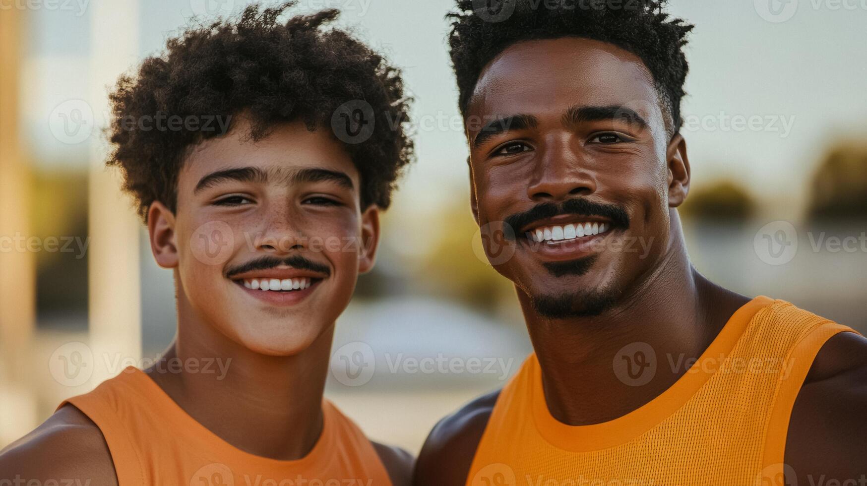 Father and teenage son with matching mustaches smiling while playing basketball on an outdoor court photo