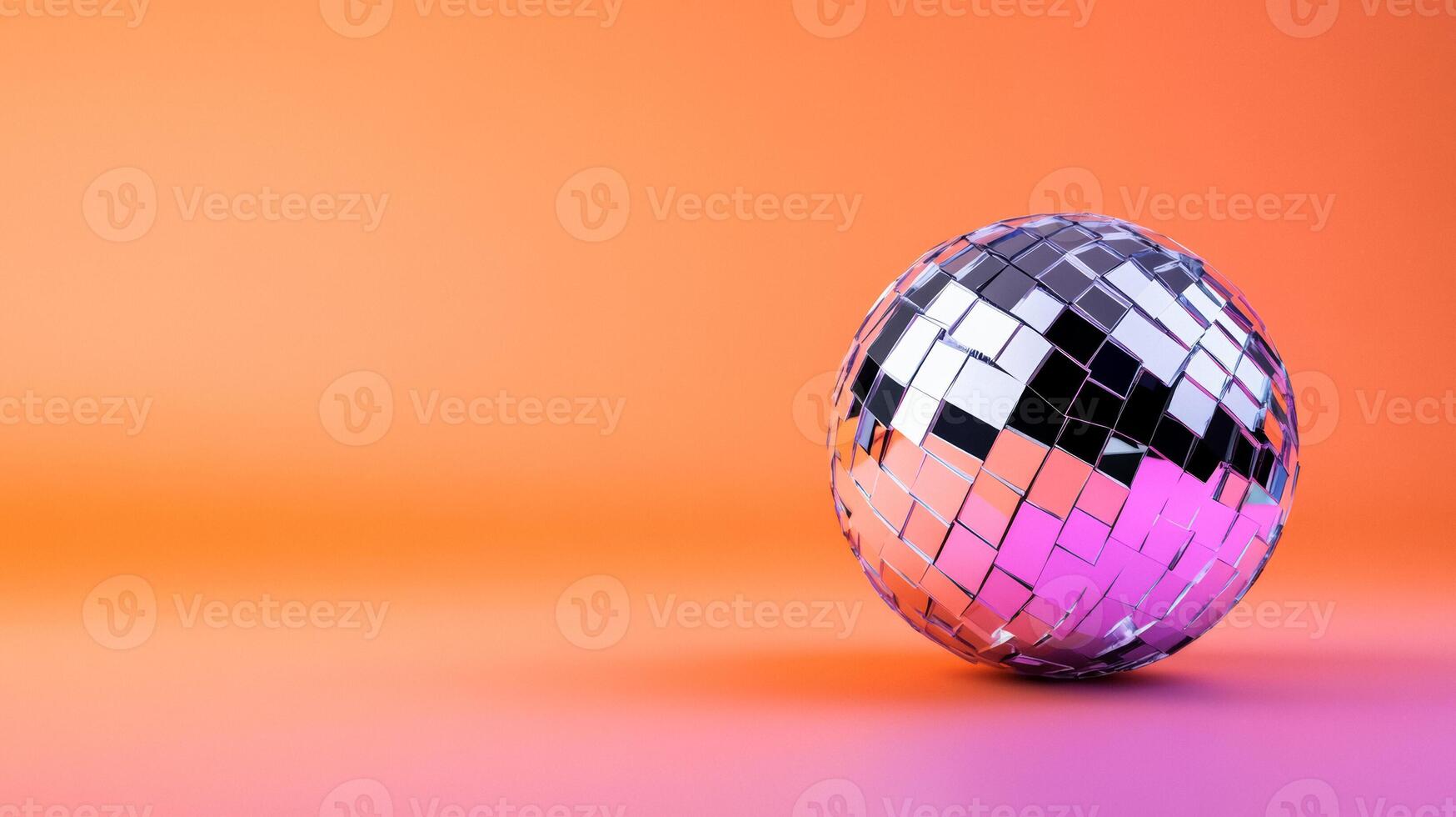 Fragmented mirror ball shattering against a gradient from ultraviolet to neon orange photo