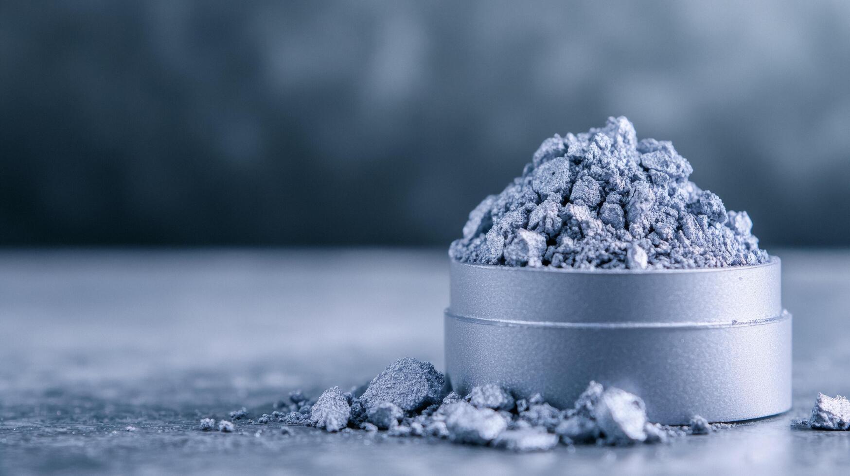 Frosty silver eyeshadow powder finely scattered on a cool grey surface resembling a winter frost pattern photo
