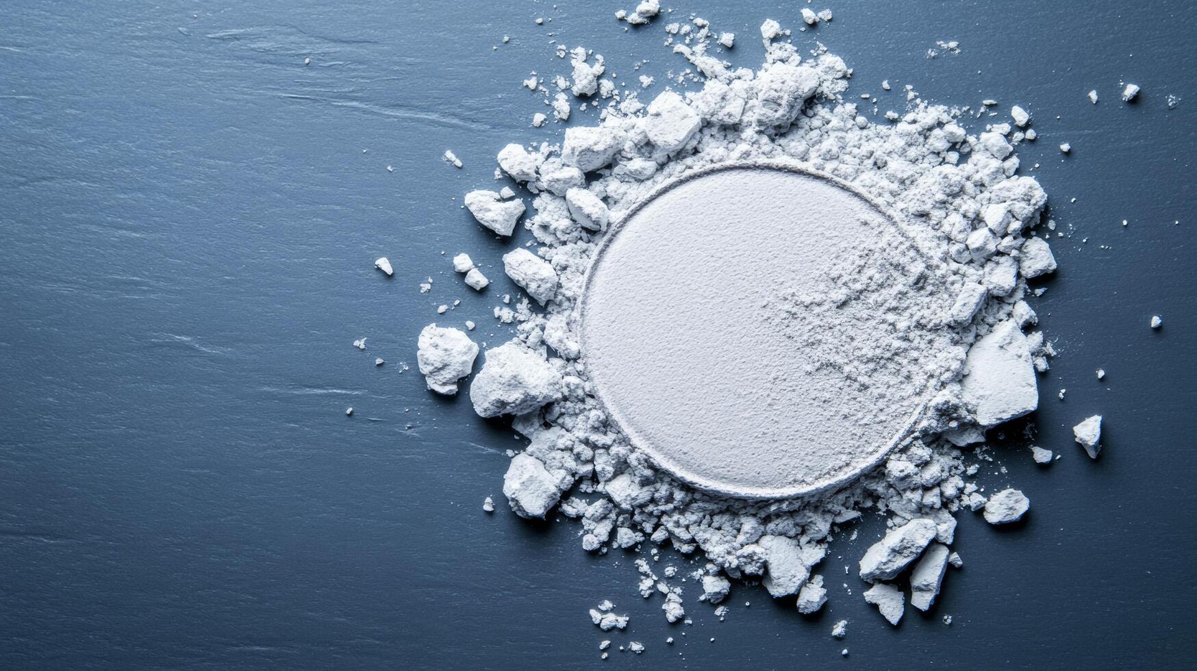 Frosty silver eyeshadow powder finely scattered on a cool grey surface resembling a winter frost pattern photo
