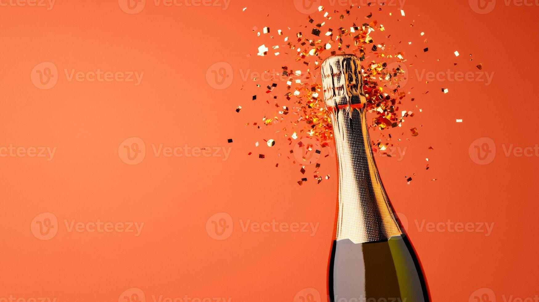 Futuristic champagne bottle exploding into pixelated confetti on a gradient from coral to gold photo