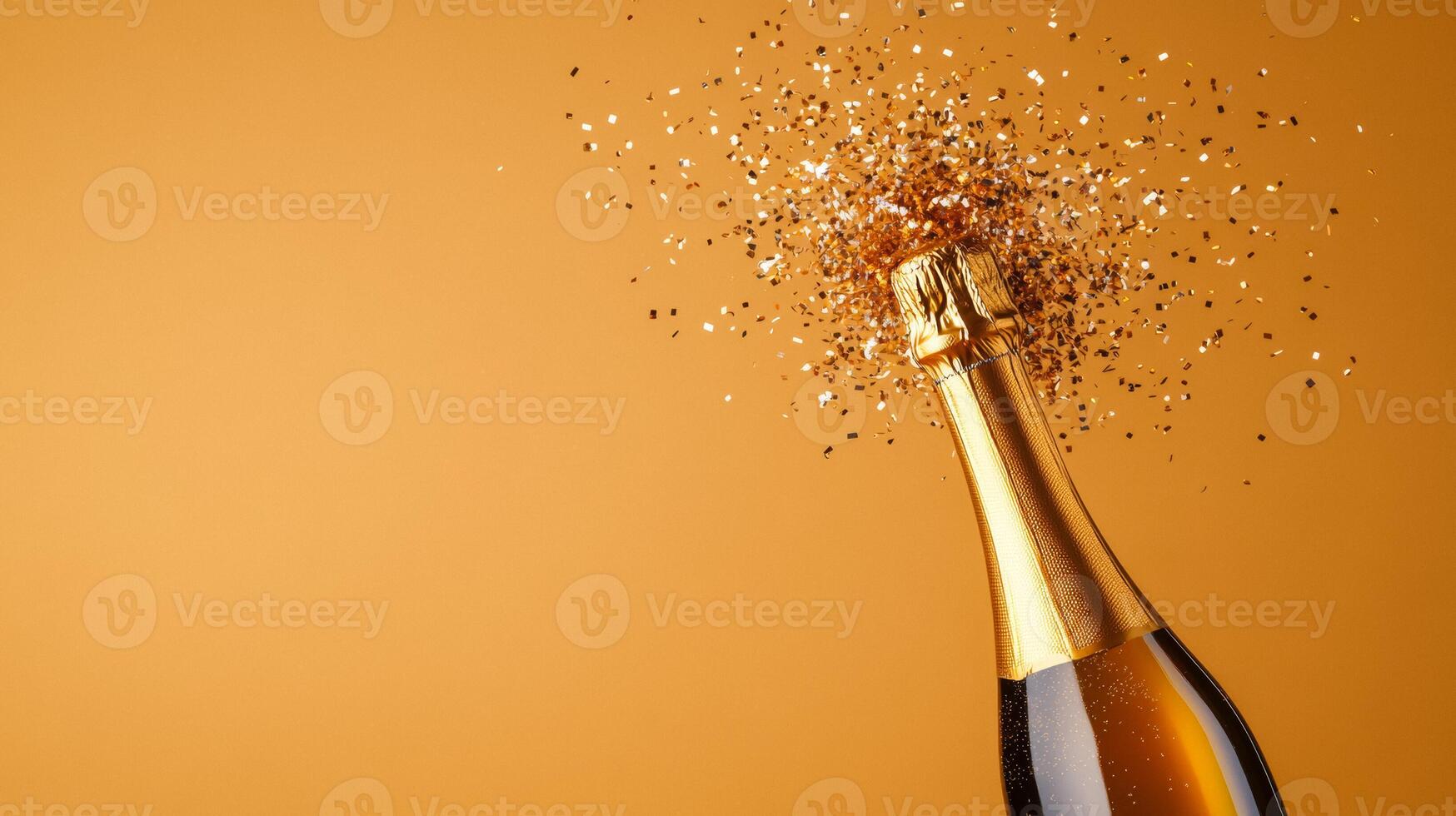 Futuristic champagne bottle exploding into pixelated confetti on a gradient from coral to gold photo