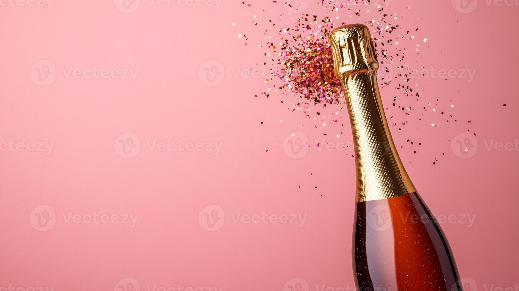 Futuristic champagne bottle exploding into pixelated confetti on a gradient from coral to gold photo