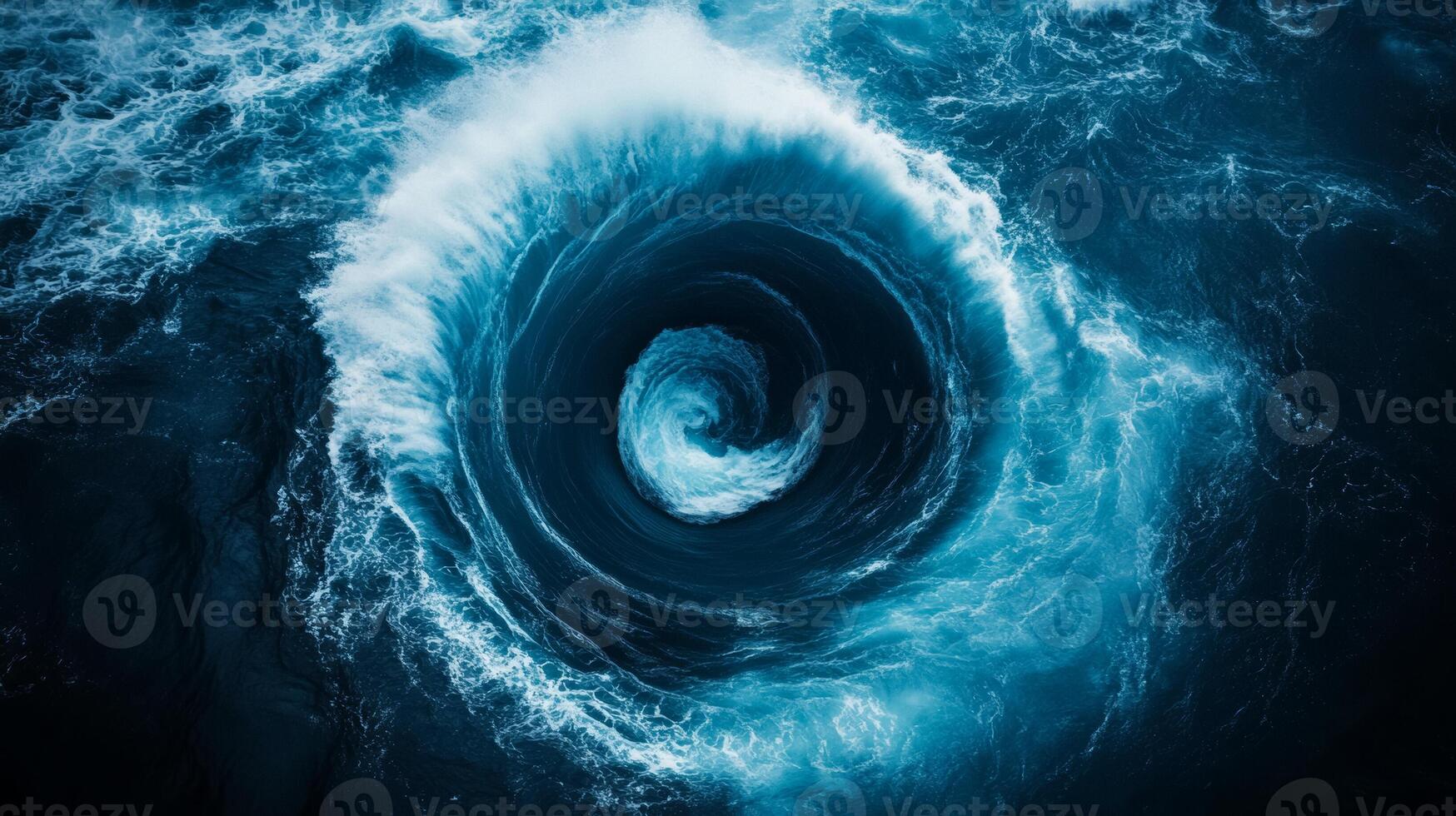 Gigantic whirlpool forming in the middle of the ocean dark blue water spiraling downwards from a satellite view photo