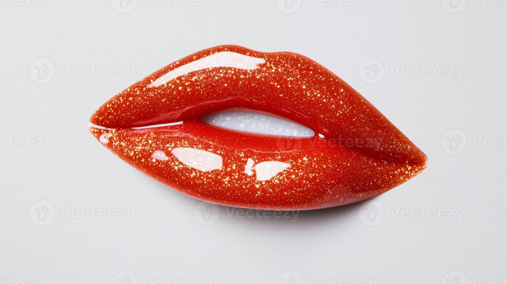 Glossy coral lip gloss blob with tiny golden sparkles on a transparent surface capturing light and depth photo