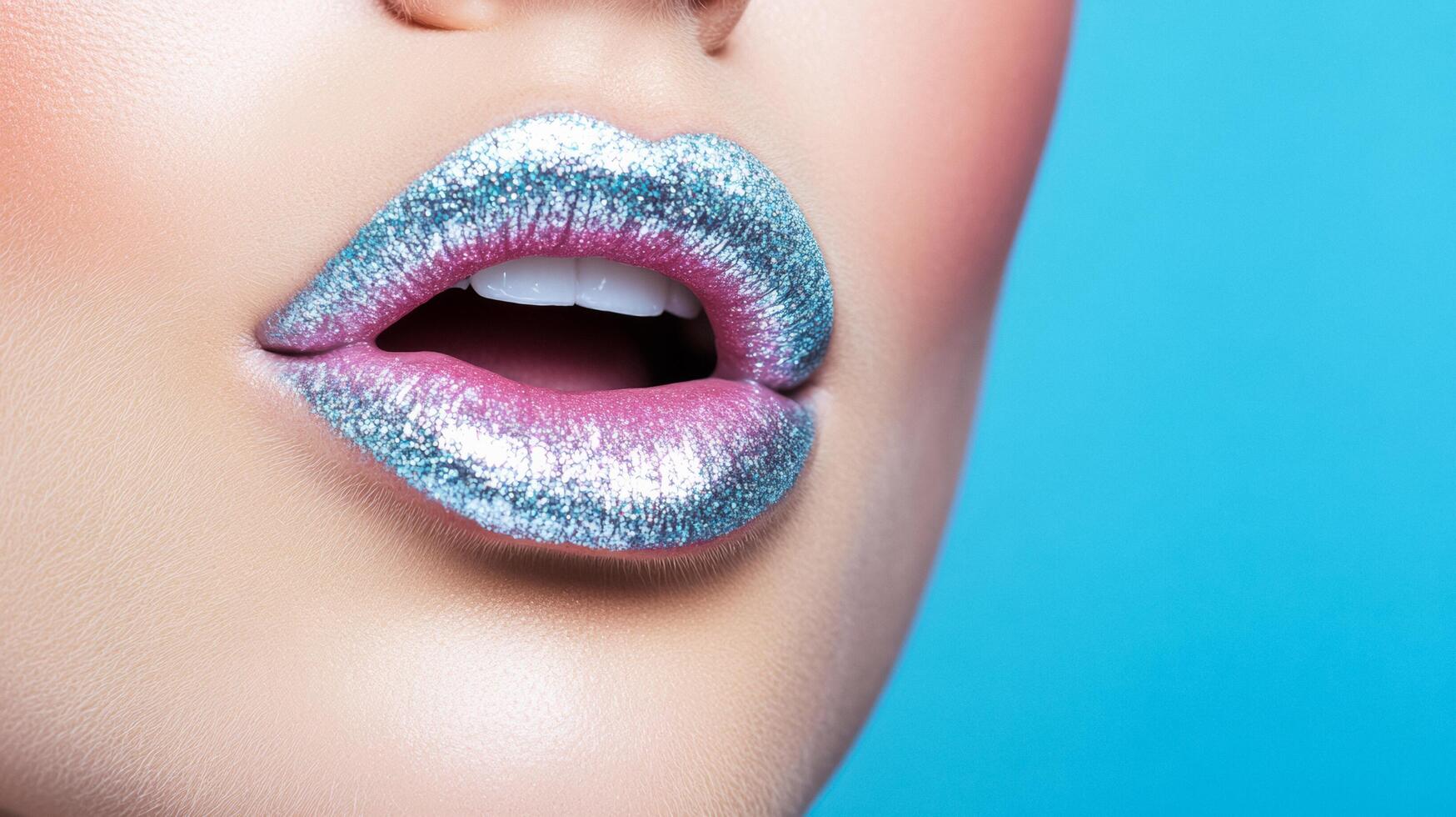 Glossy silver lip gloss with hints of cool pink sparkle on a cool ice blue background with subtle shimmer photo