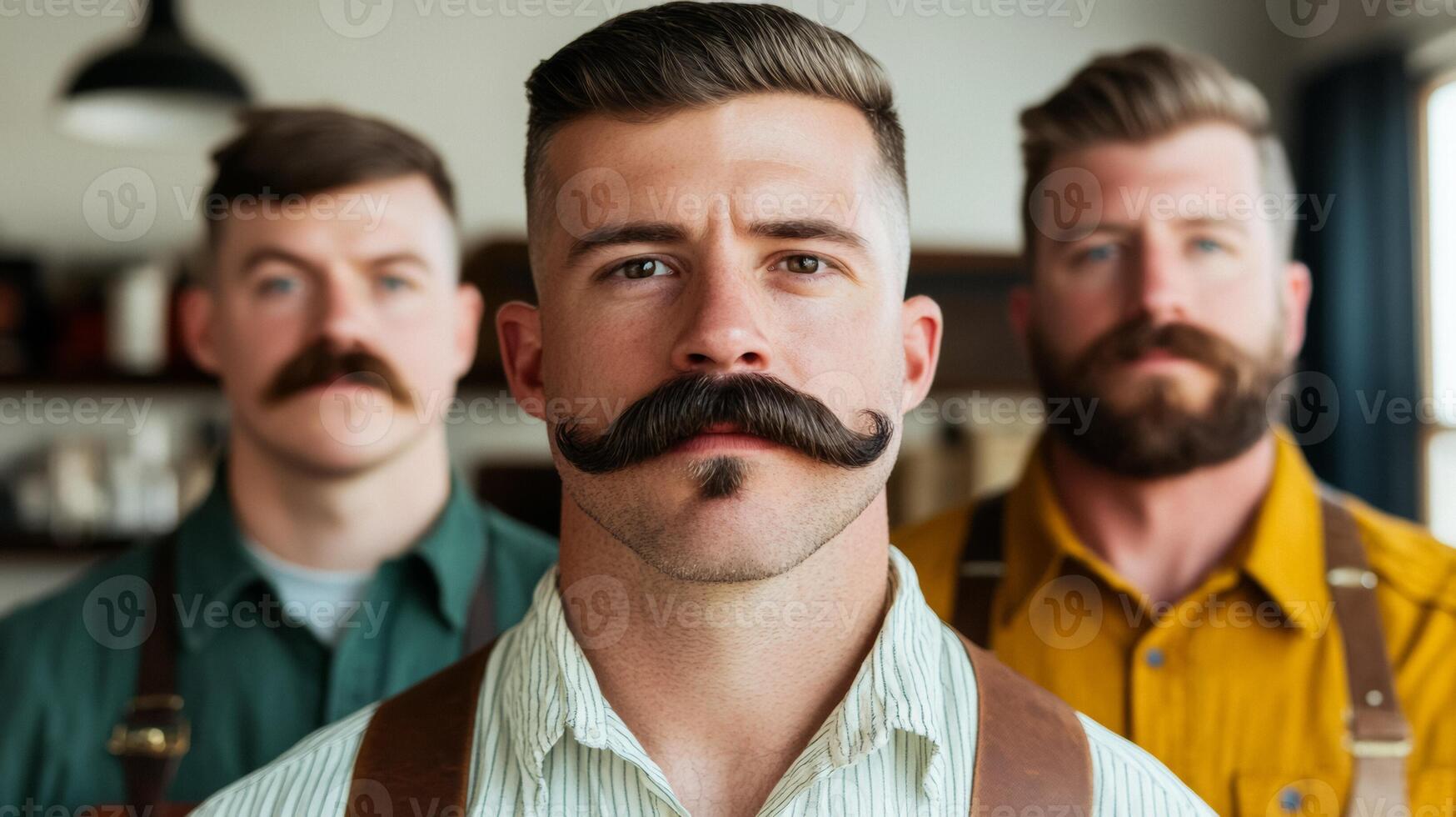 Group of diverse men of different ages all sporting various mustache styles standing together in a barbershop photo