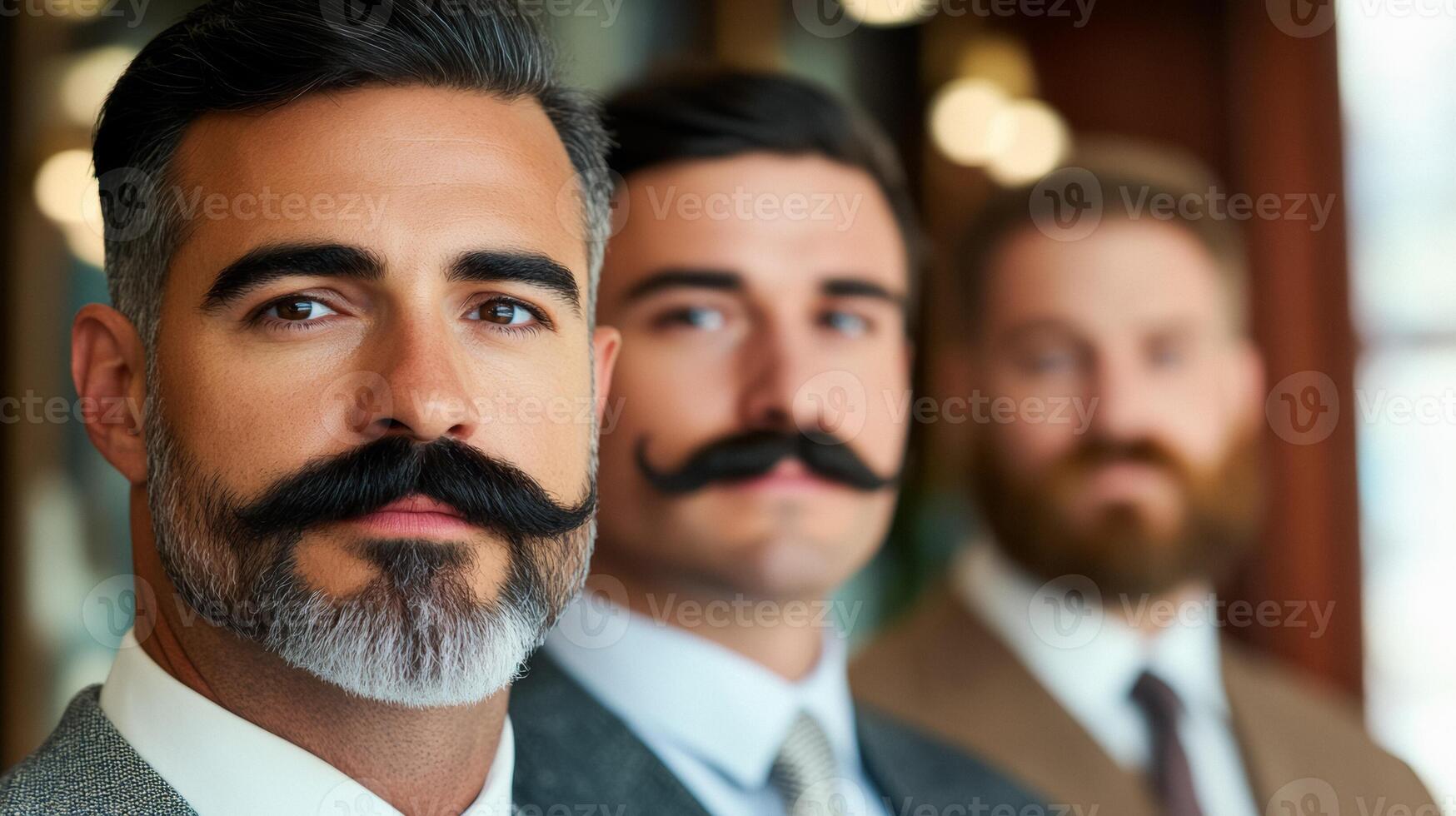 Group of diverse men of different ages all sporting various mustache styles standing together in a barbershop photo