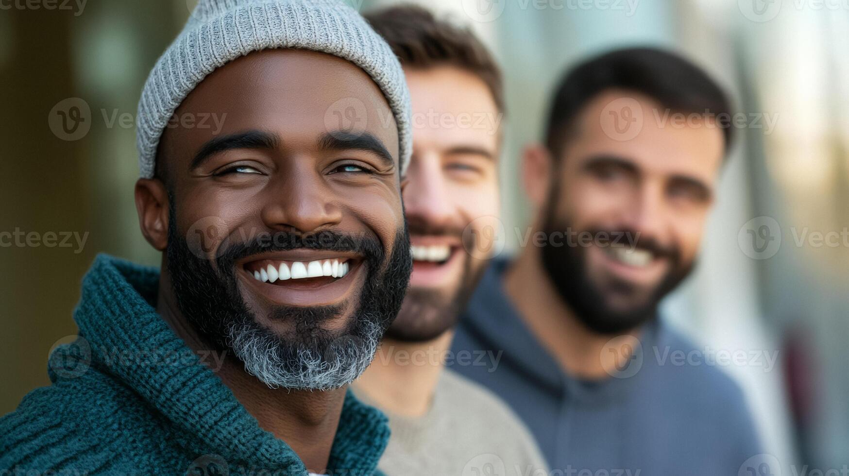Group of men laughing together at a support group meeting diverse ages warm and welcoming atmosphere photo