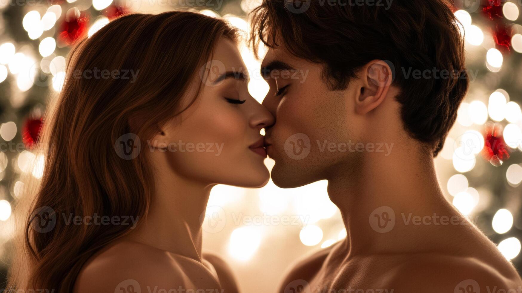 Happy couple with twinkling eyes sharing a kiss under the mistletoe in a softly lit room photo