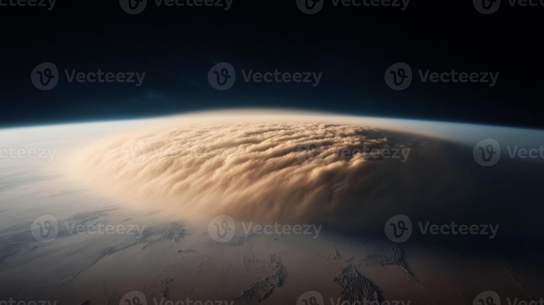 Huge dust storm crossing an arid desert from space view sandy haze moving across a stark barren landscape photo