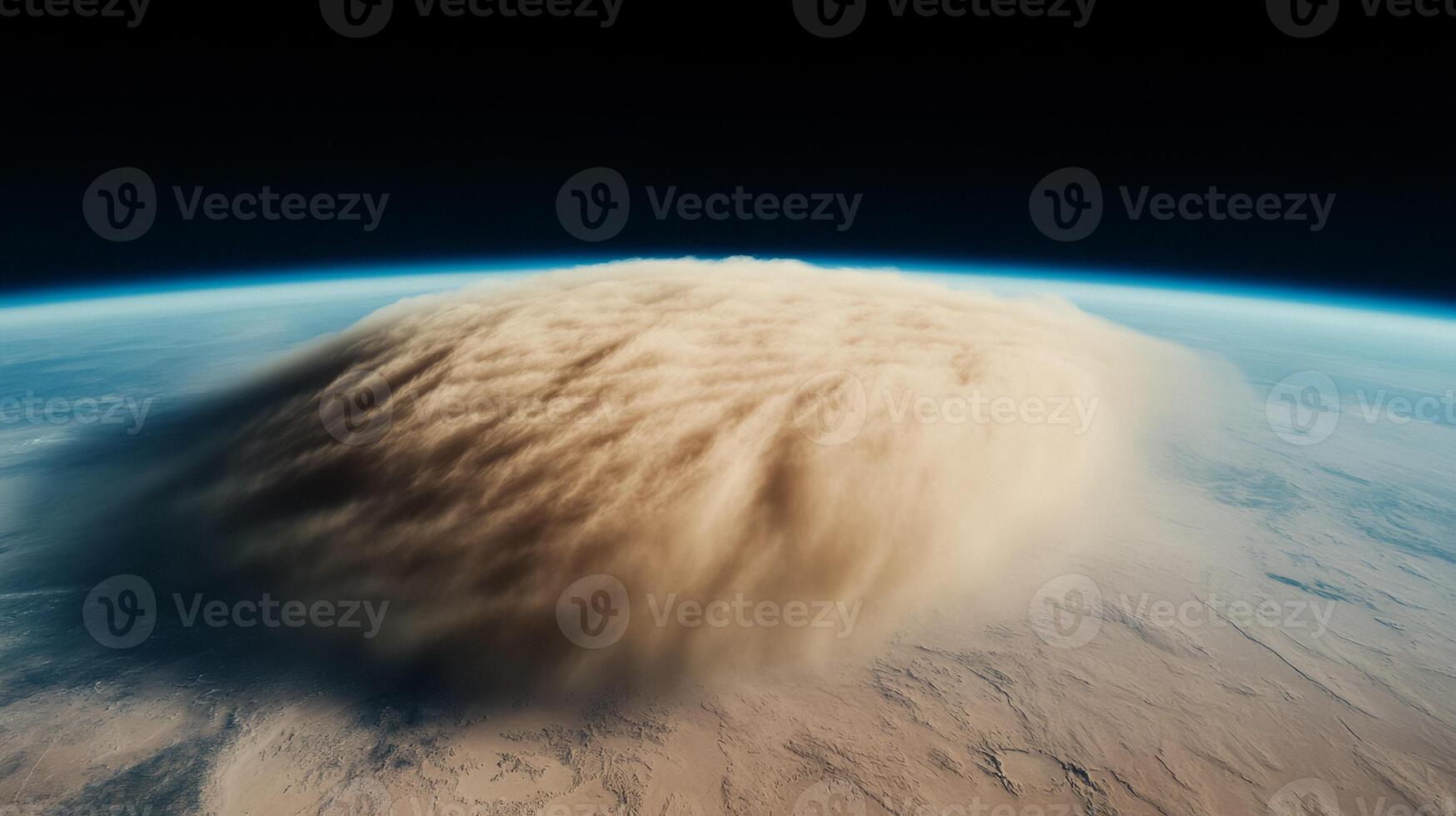 Huge dust storm crossing an arid desert from space view sandy haze moving across a stark barren landscape photo