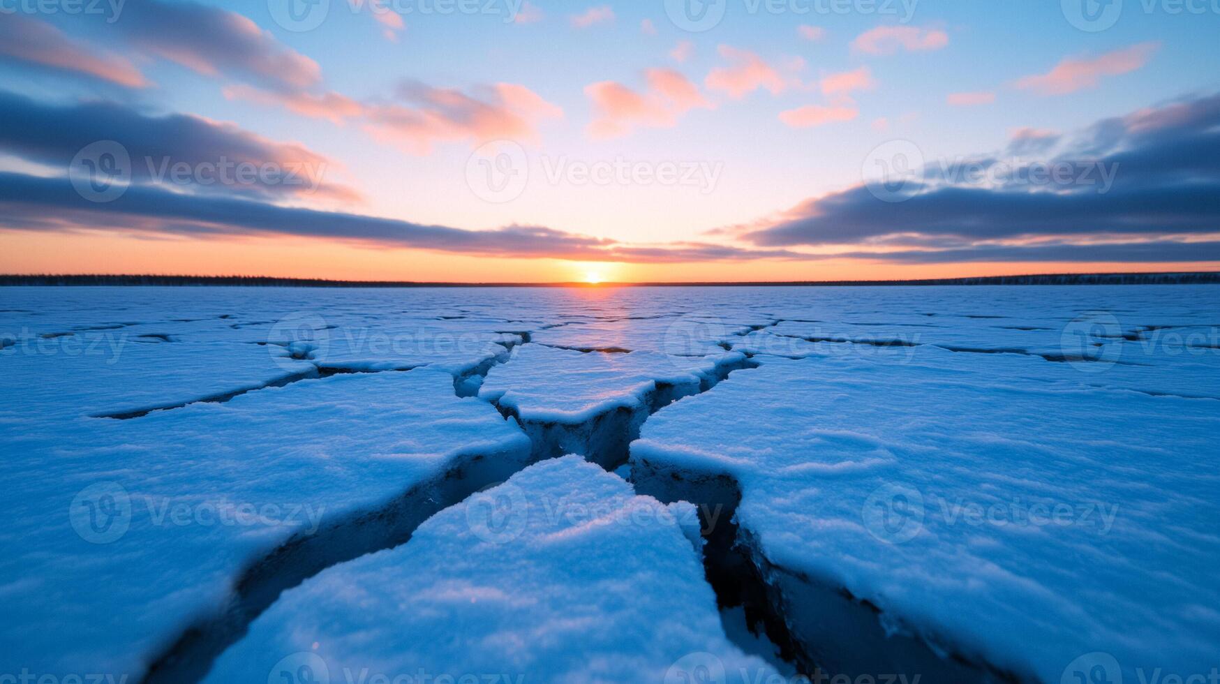 Intense frostquake in a frozen tundra huge cracks forming in thick ice under a bright winter sky photo