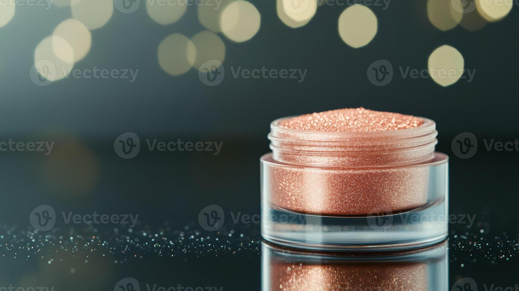 Luxurious rose gold highlighter spread with a soft creamy texture on a reflective glass surface catching light photo