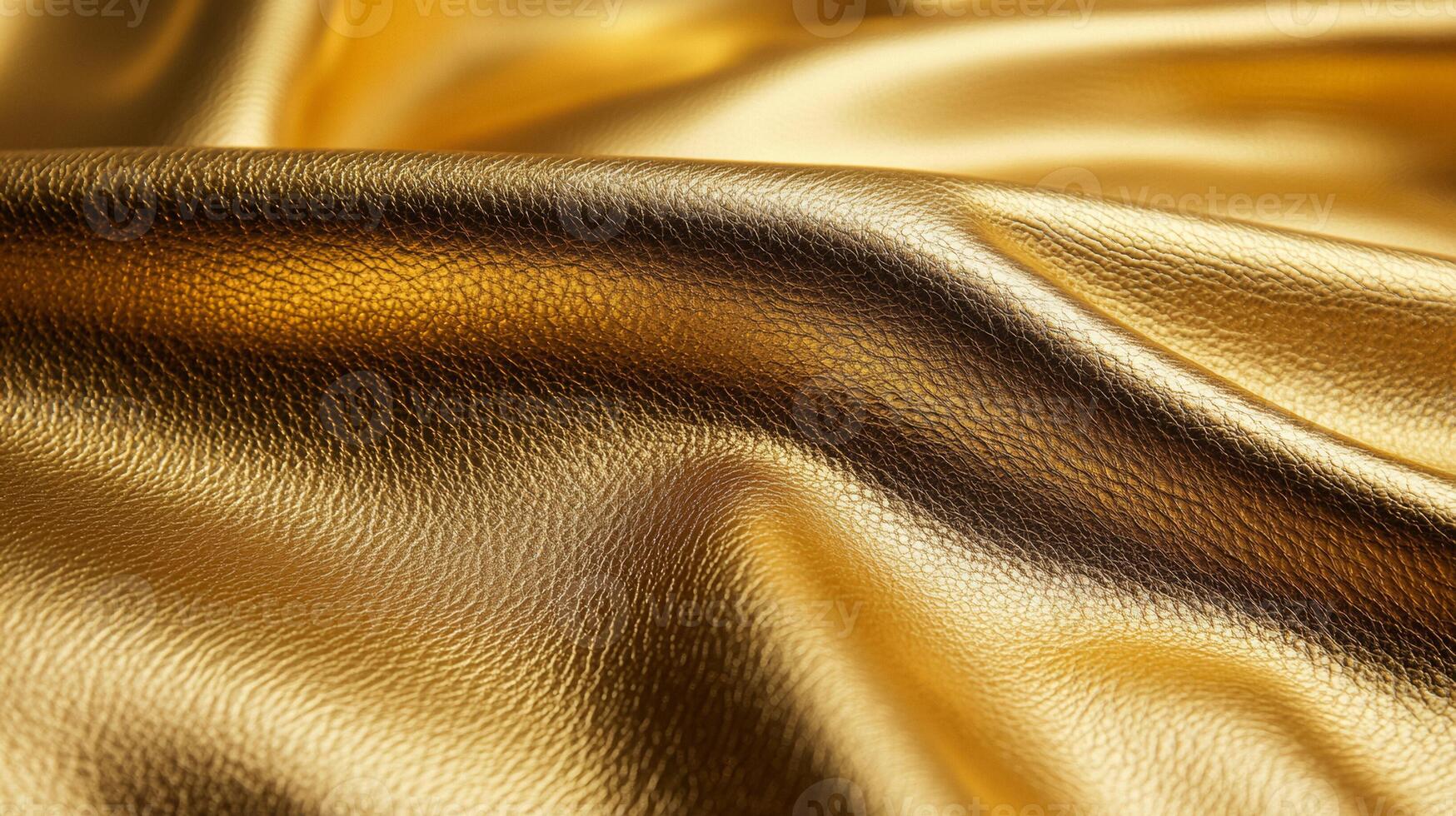 Macro of gold leather with a metallic sheen and smooth texture reflecting light in shimmering patterns photo