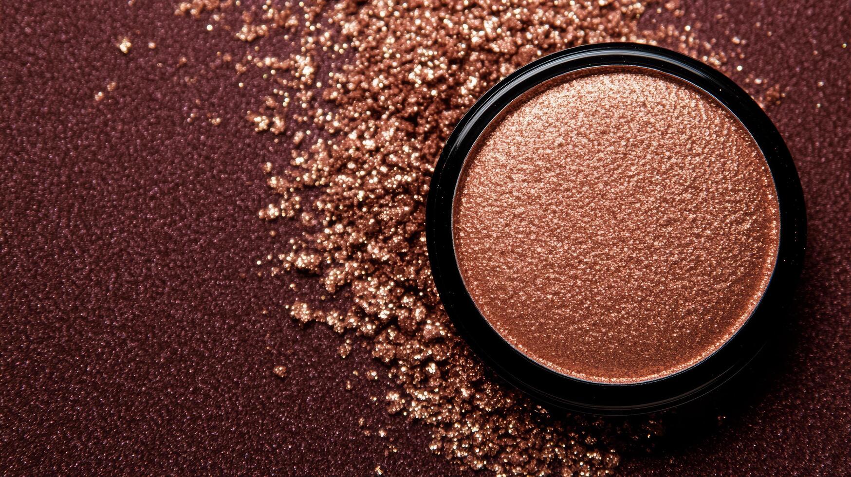 Macro of warm taupe eyeshadow with hints of gold sparkles blending into a deep plum background photo