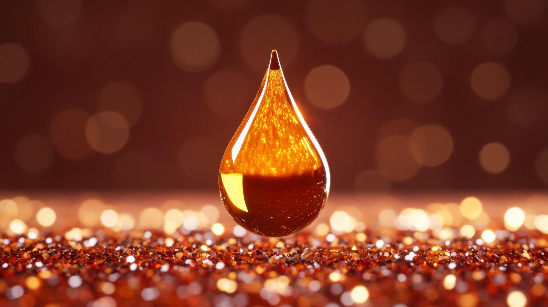 Macro view of golden amber facial oil drop reflecting light surrounded by tiny red and brown pigment particles photo