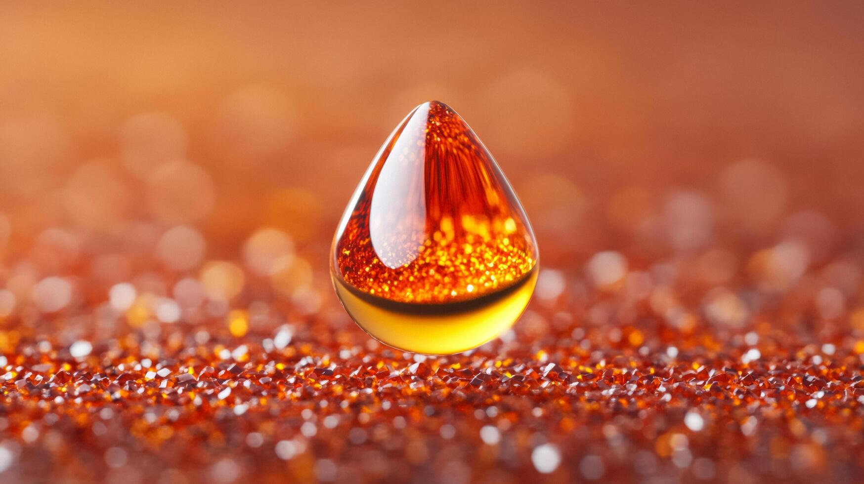 Macro view of golden amber facial oil drop reflecting light surrounded by tiny red and brown pigment particles photo