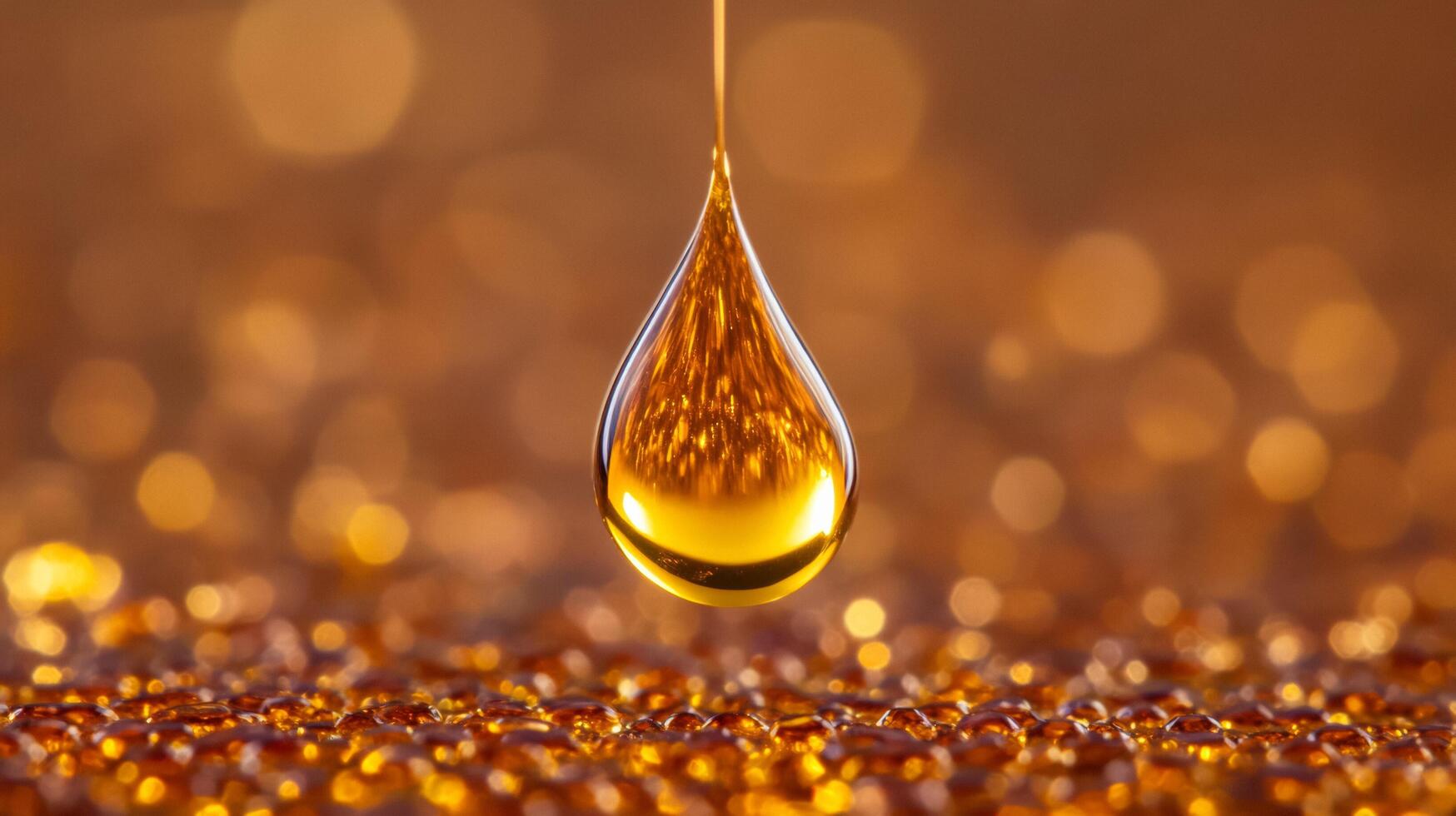 Macro view of golden amber facial oil drop reflecting light surrounded by tiny red and brown pigment particles photo