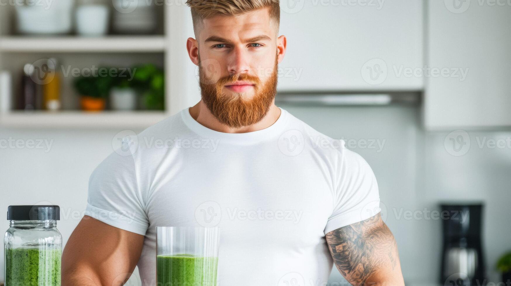 Man with a salt and pepper beard preparing a healthy smoothie in a bright kitchen with fresh fruits photo