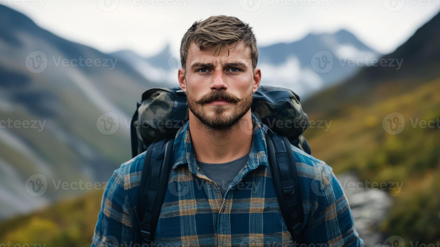 Man with a thick walrus mustache hiking up a mountain trail wearing a rugged flannel shirt and backpack photo