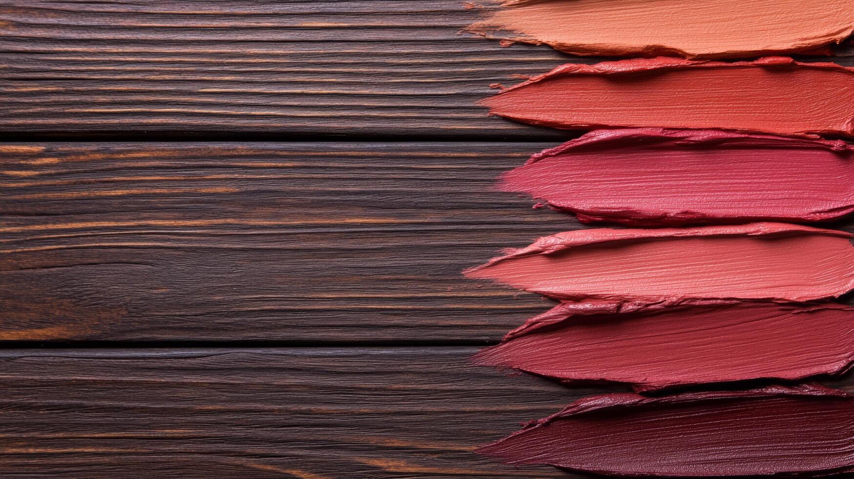 Maroon and pumpkin colored lip liner strokes on a rustic wooden background evoking the feeling of a fall evening photo