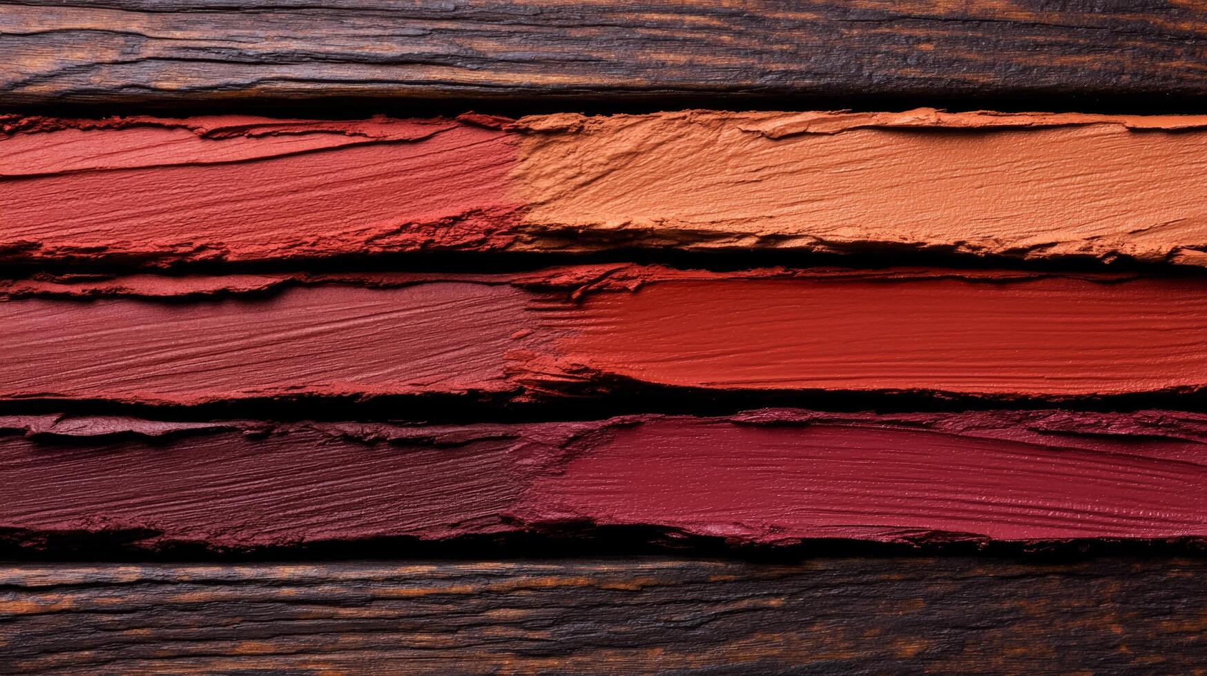 Maroon and pumpkin colored lip liner strokes on a rustic wooden background evoking the feeling of a fall evening photo