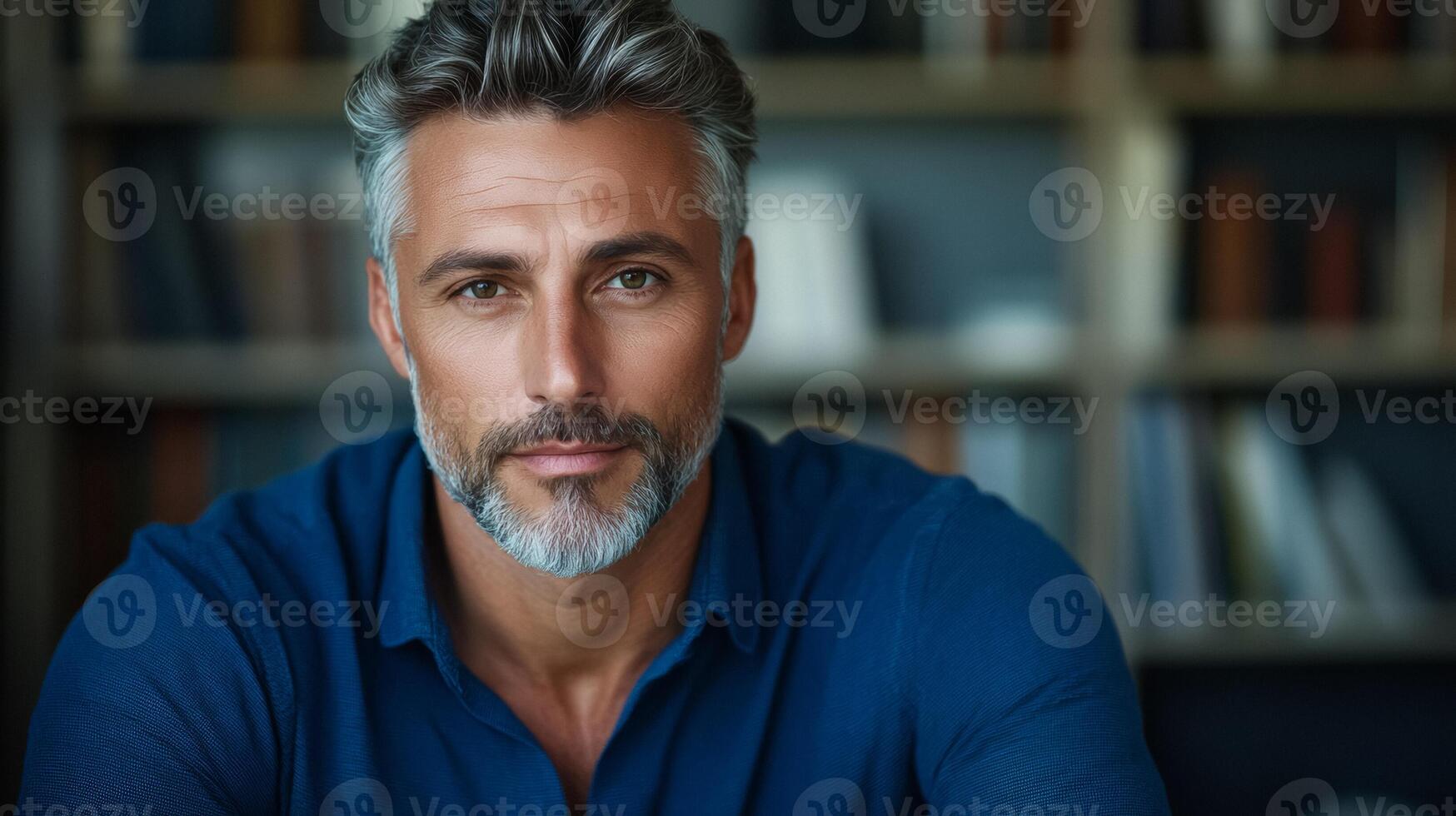 Mature man with a thoughtful expression journaling about mental health in a peaceful home office photo