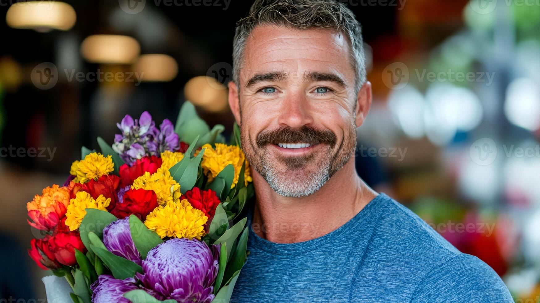 Middle aged man with a handlebar mustache holding a bouquet of flowers smiling at a farmers market photo