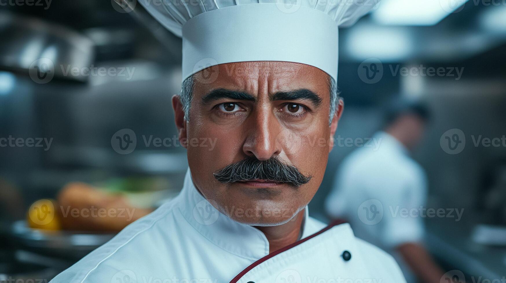 Middle aged man with a stylish mustache and a chefs hat cooking in a bustling kitchen focused expression photo