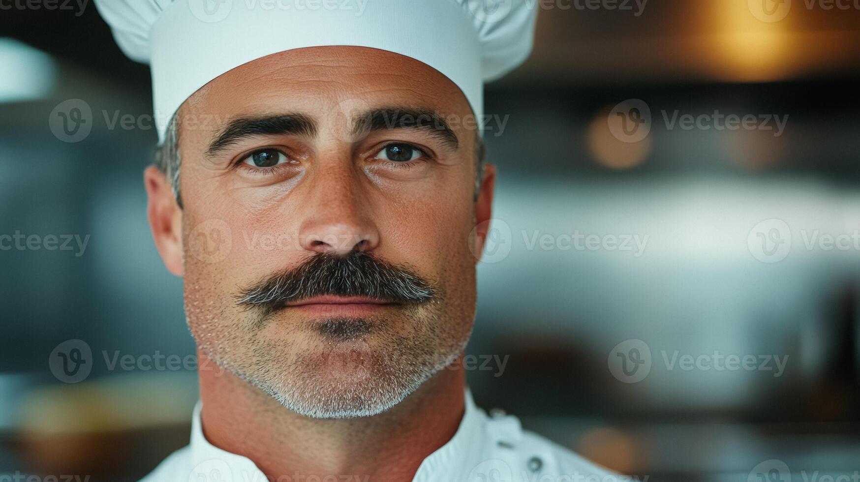 Middle aged man with a stylish mustache and a chefs hat cooking in a bustling kitchen focused expression photo