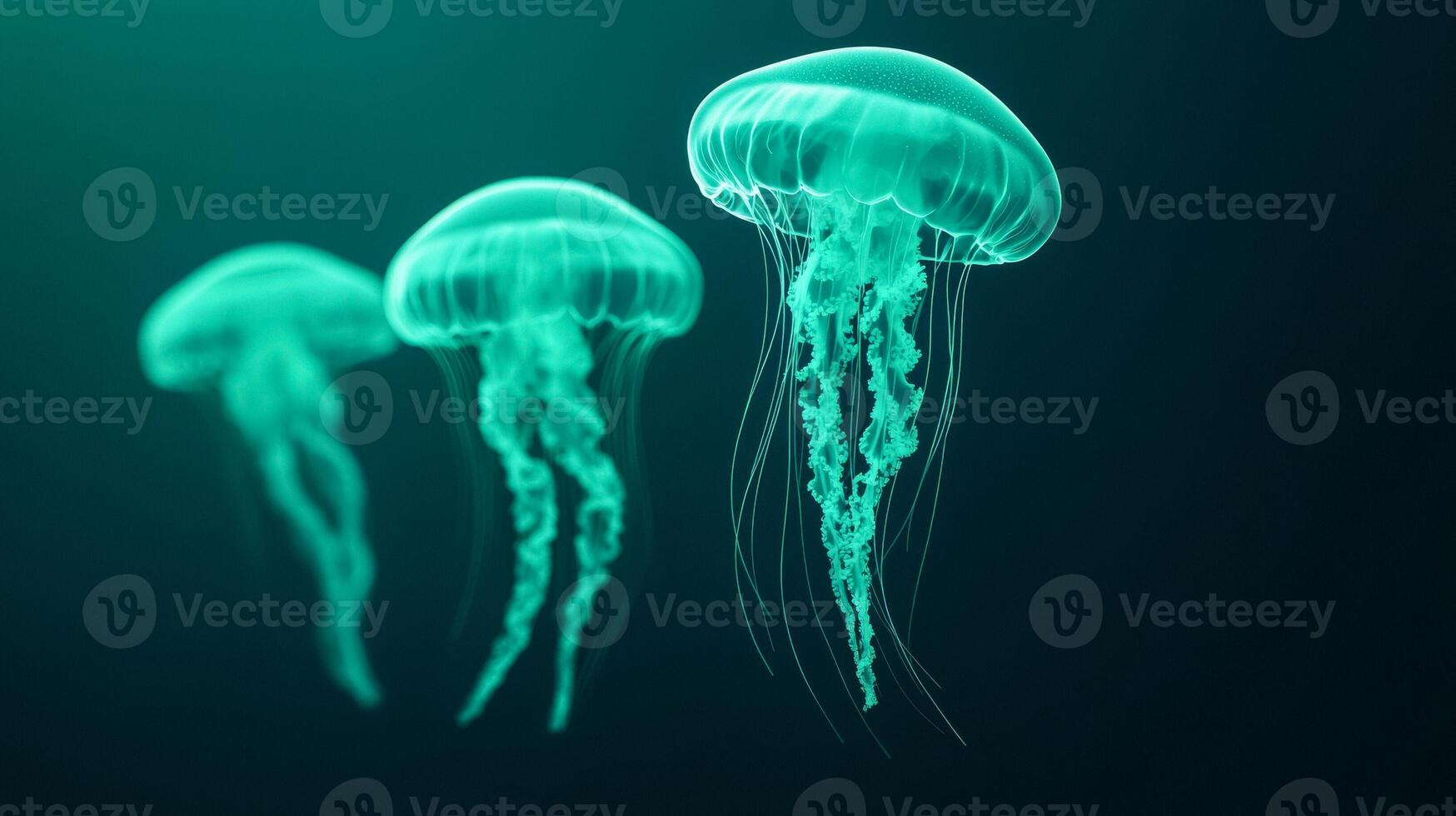 Neon jellyfish floating over a gradient of silver and midnight green representing the flow of time photo