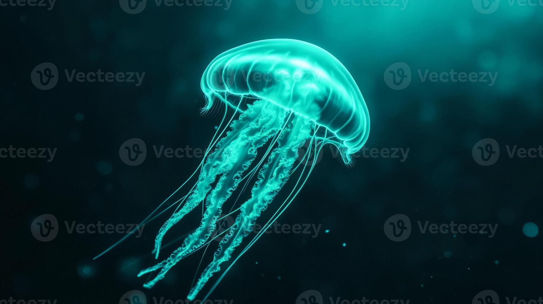 Neon jellyfish floating over a gradient of silver and midnight green representing the flow of time photo