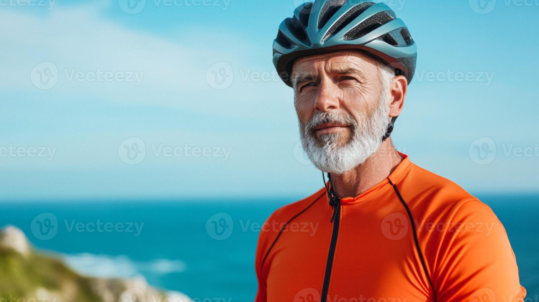 Older man cycling along a coastal path wind in his hair ocean in the background wearing a helmet photo