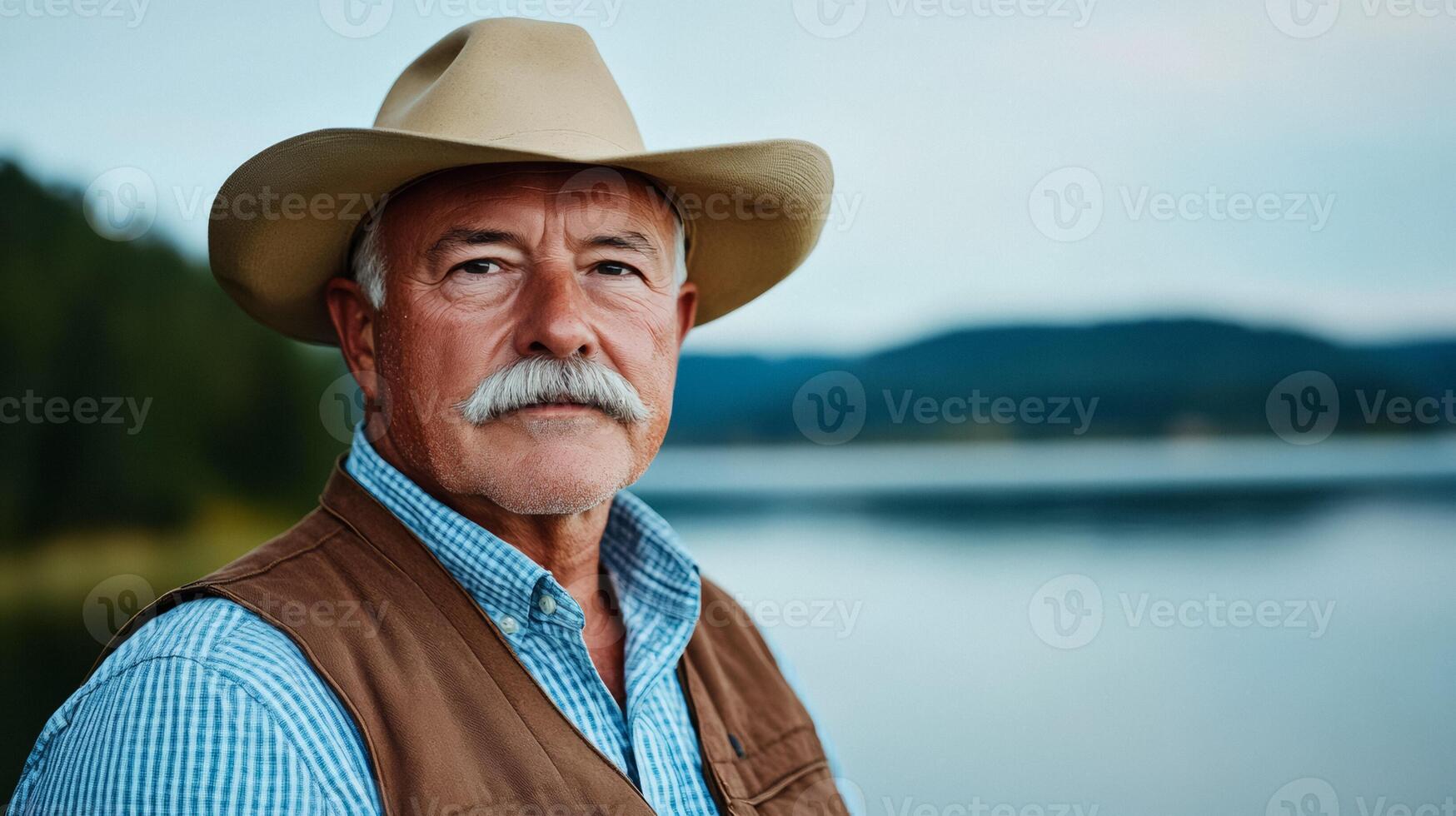 Older man with a horseshoe mustache fishing by a lake serene expression wearing a fishing hat and vest photo