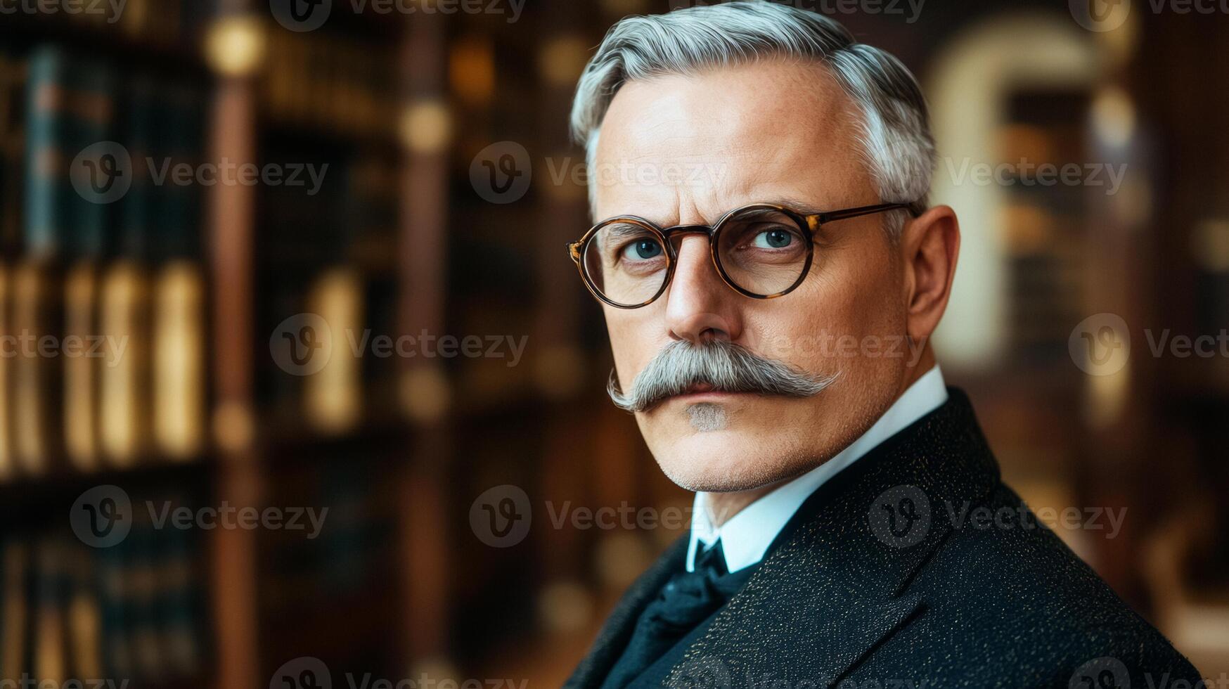 Older man with a regal mustache and a monocle posing dramatically in a classic library surrounded by books photo