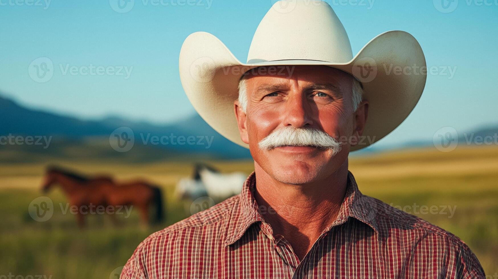 Older man with a white mustache and cowboy hat standing proudly in a rural landscape with horses in the background photo