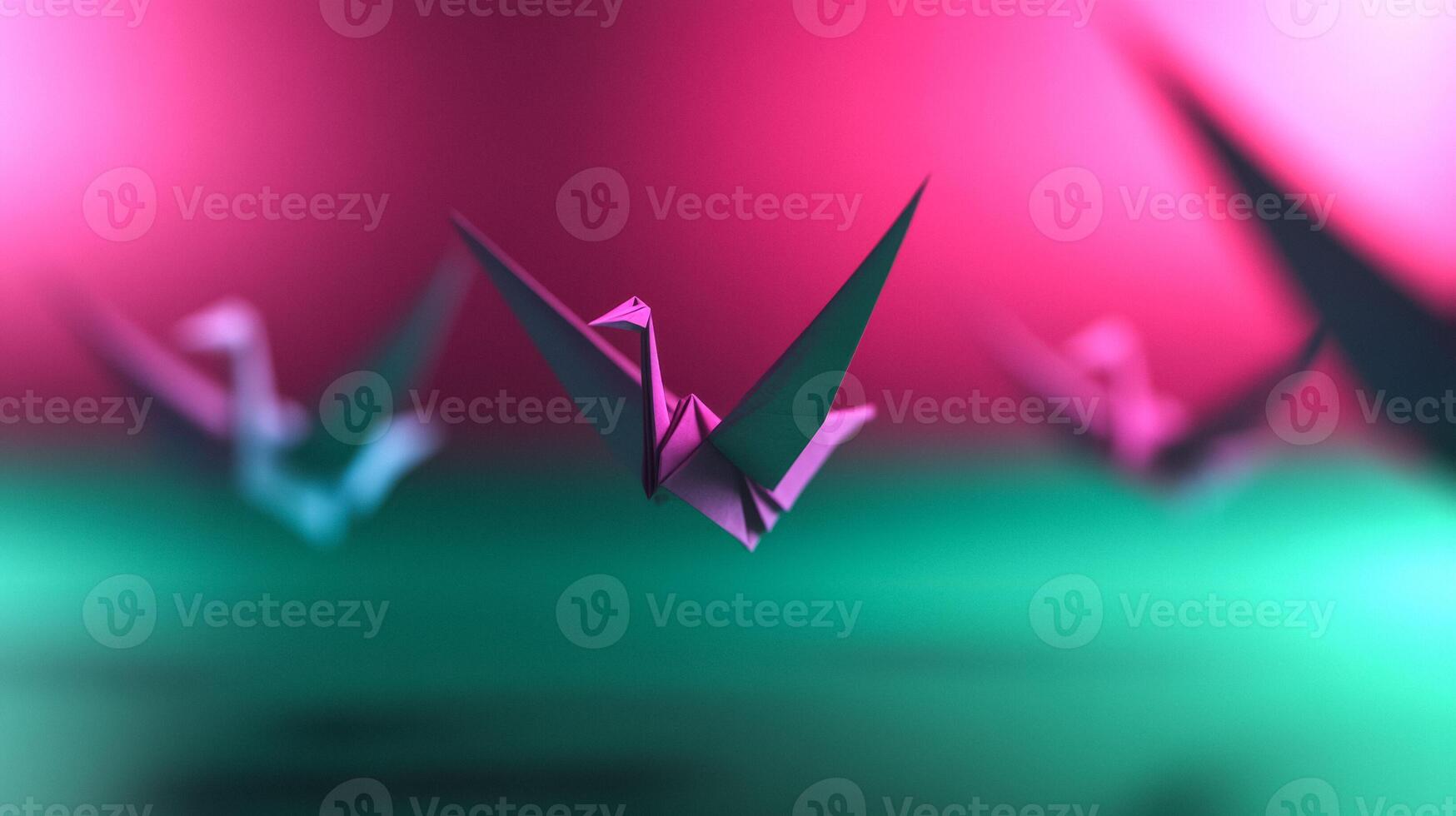 Origami cranes soaring over a gradient of emerald green to magenta symbolizing new beginnings photo
